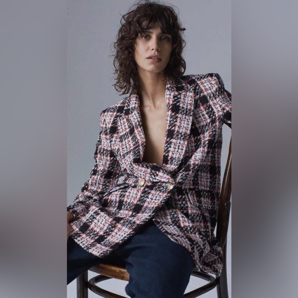 Zara Pink Black White Plaid Tweed Blazer